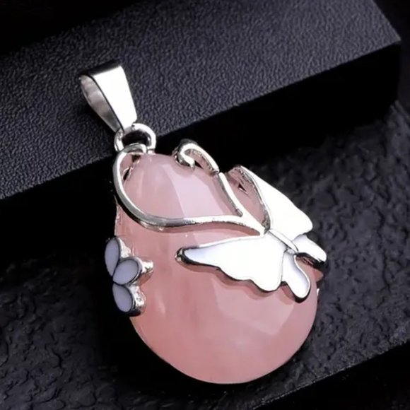 Rose Quartz Butterfly Pattern Water Drop Natural Stone Pendant Necklace Gemstone - Picture 2 of 2